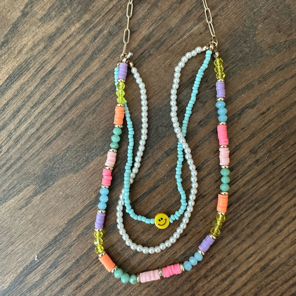 Colorful Beaded Necklace with Smiley Charm